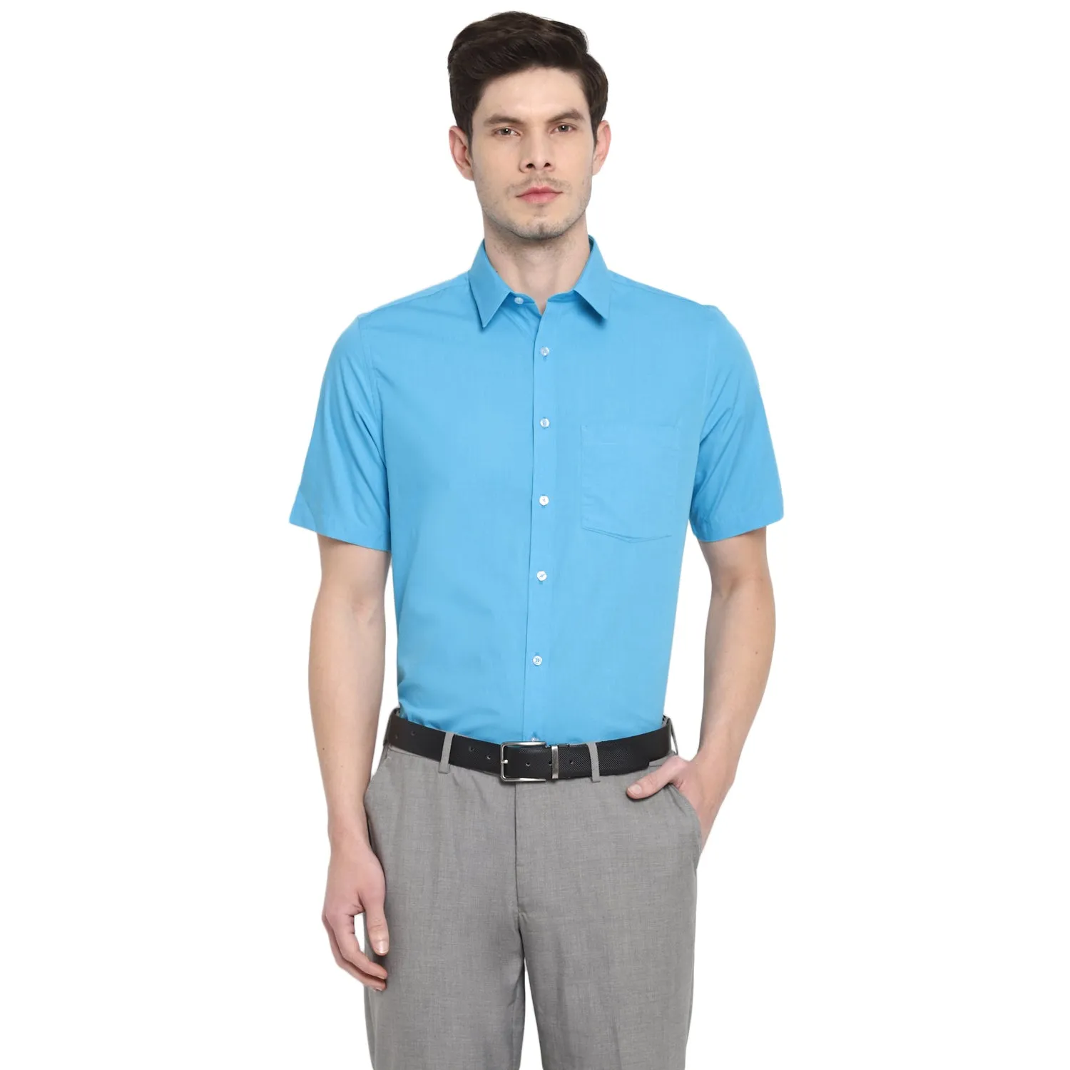 Light Blue Cotton Solid Slim Fit Shirts