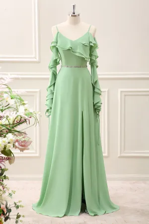 Light Green Cold Shoulder Chiffon Ruffled Maxi Dress with Slit