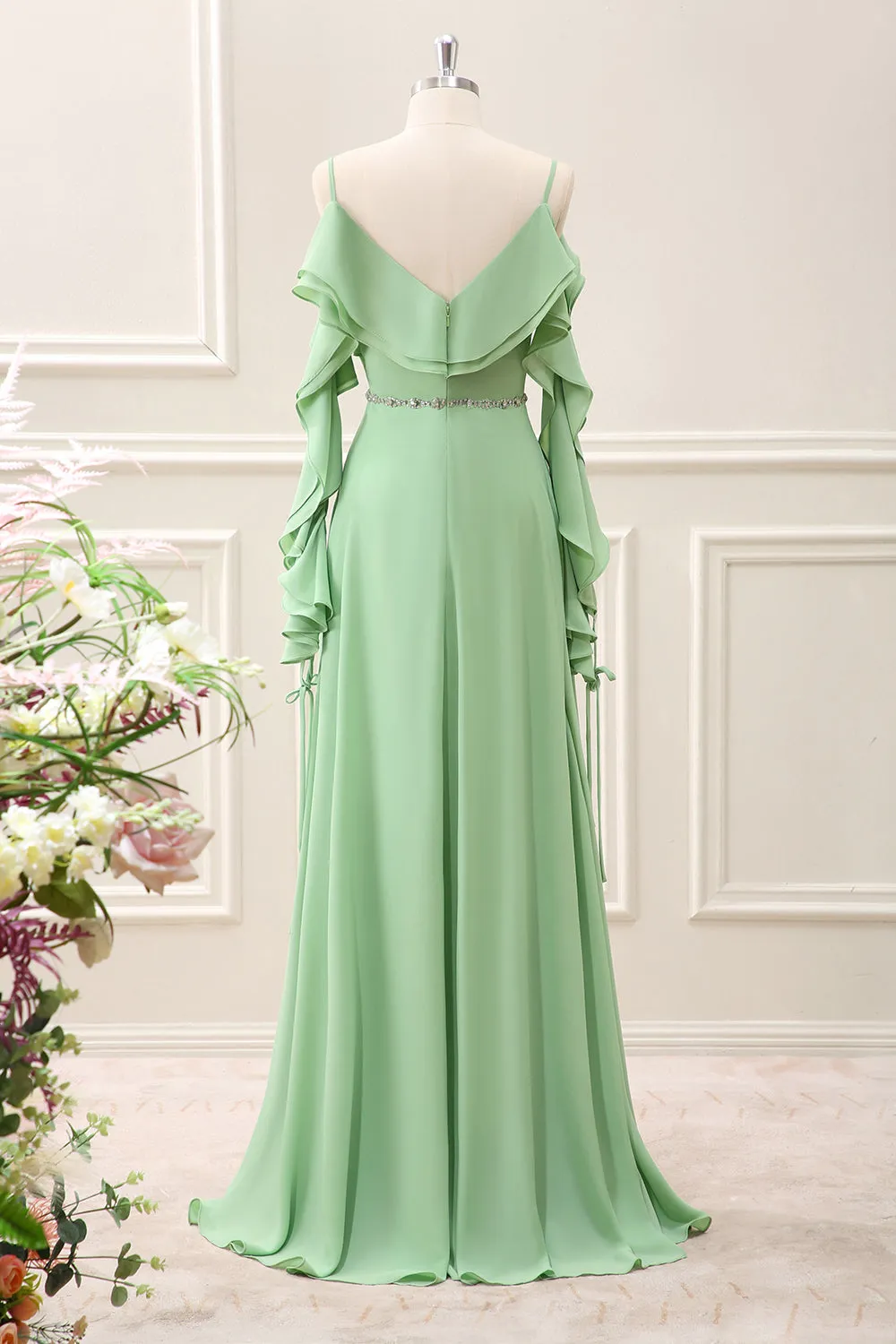 Light Green Cold Shoulder Chiffon Ruffled Maxi Dress with Slit