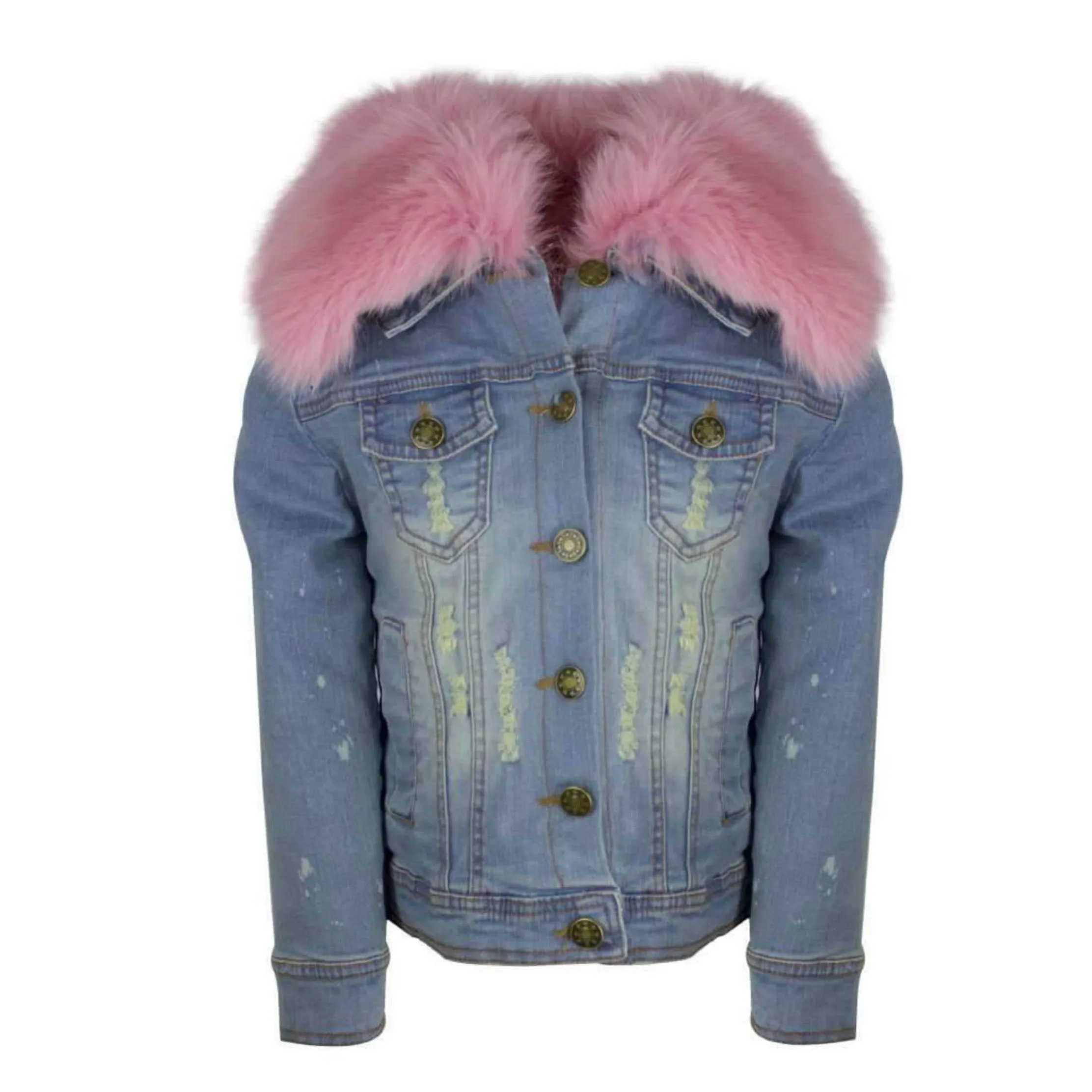 Lola and The Boys Girls Distressed Denim Fur Jacket - in 2 color choices