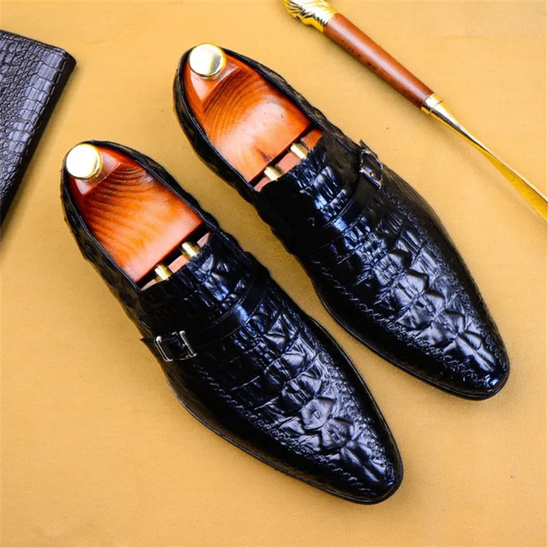 Luxury CrocLeather Buckle Strap Oxford Dress Shoes