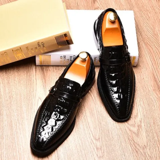 Luxury CrocLeather Buckle Strap Oxford Dress Shoes