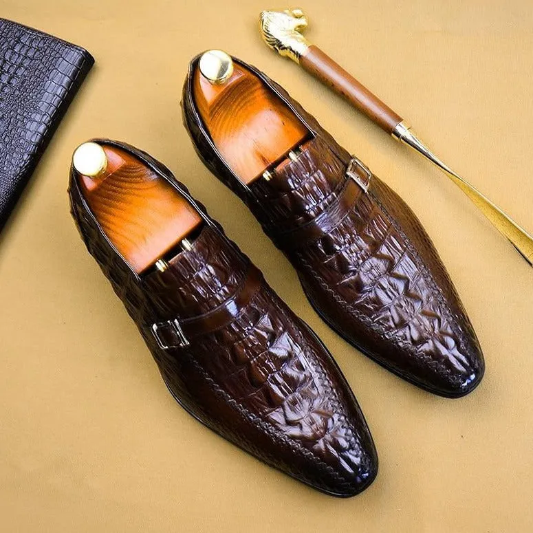 Luxury CrocLeather Buckle Strap Oxford Dress Shoes