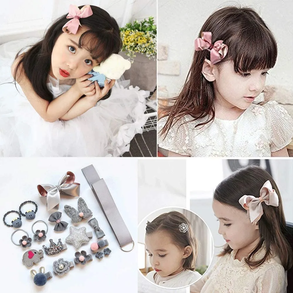 Melbees by Yellow Chimes Kids Hair Accessories for Girls Hair Accessories Combo Set Grey 18 Pcs Baby Girl's Hair Clips Set Cute Ponytail Holder Claw Clip Bow Clips For Girls Assortment Gift set for Kids Teens Toddlers