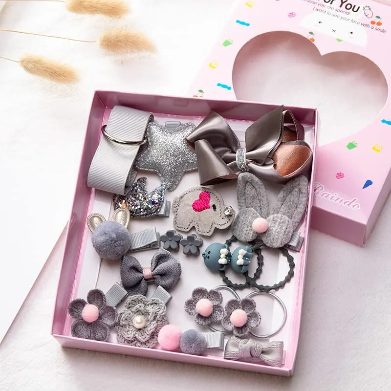 Melbees by Yellow Chimes Kids Hair Accessories for Girls Hair Accessories Combo Set Grey 18 Pcs Baby Girl's Hair Clips Set Cute Ponytail Holder Claw Clip Bow Clips For Girls Assortment Gift set for Kids Teens Toddlers