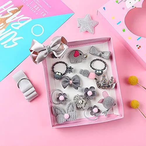 Melbees by Yellow Chimes Kids Hair Accessories for Girls Hair Accessories Combo Set Grey 18 Pcs Baby Girl's Hair Clips Set Cute Ponytail Holder Claw Clip Bow Clips For Girls Assortment Gift set for Kids Teens Toddlers