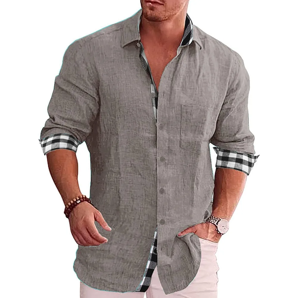 Men Lapel Collar Contrast Plaid Border Solid Button Up Shirt