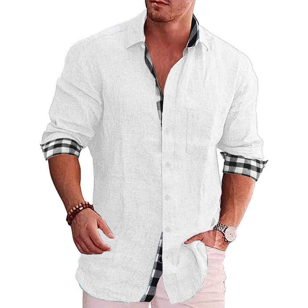 Men Lapel Collar Contrast Plaid Border Solid Button Up Shirt