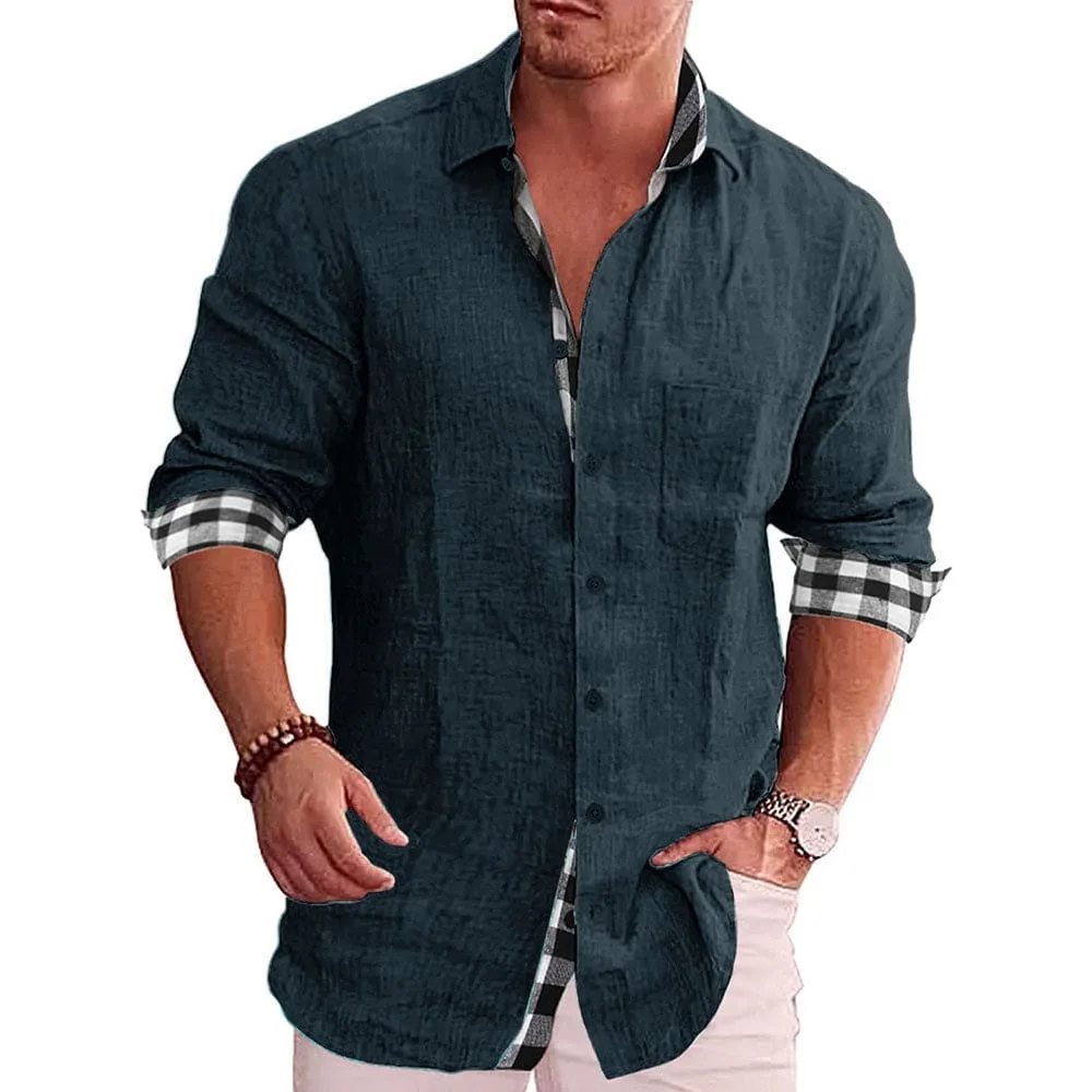 Men Lapel Collar Contrast Plaid Border Solid Button Up Shirt