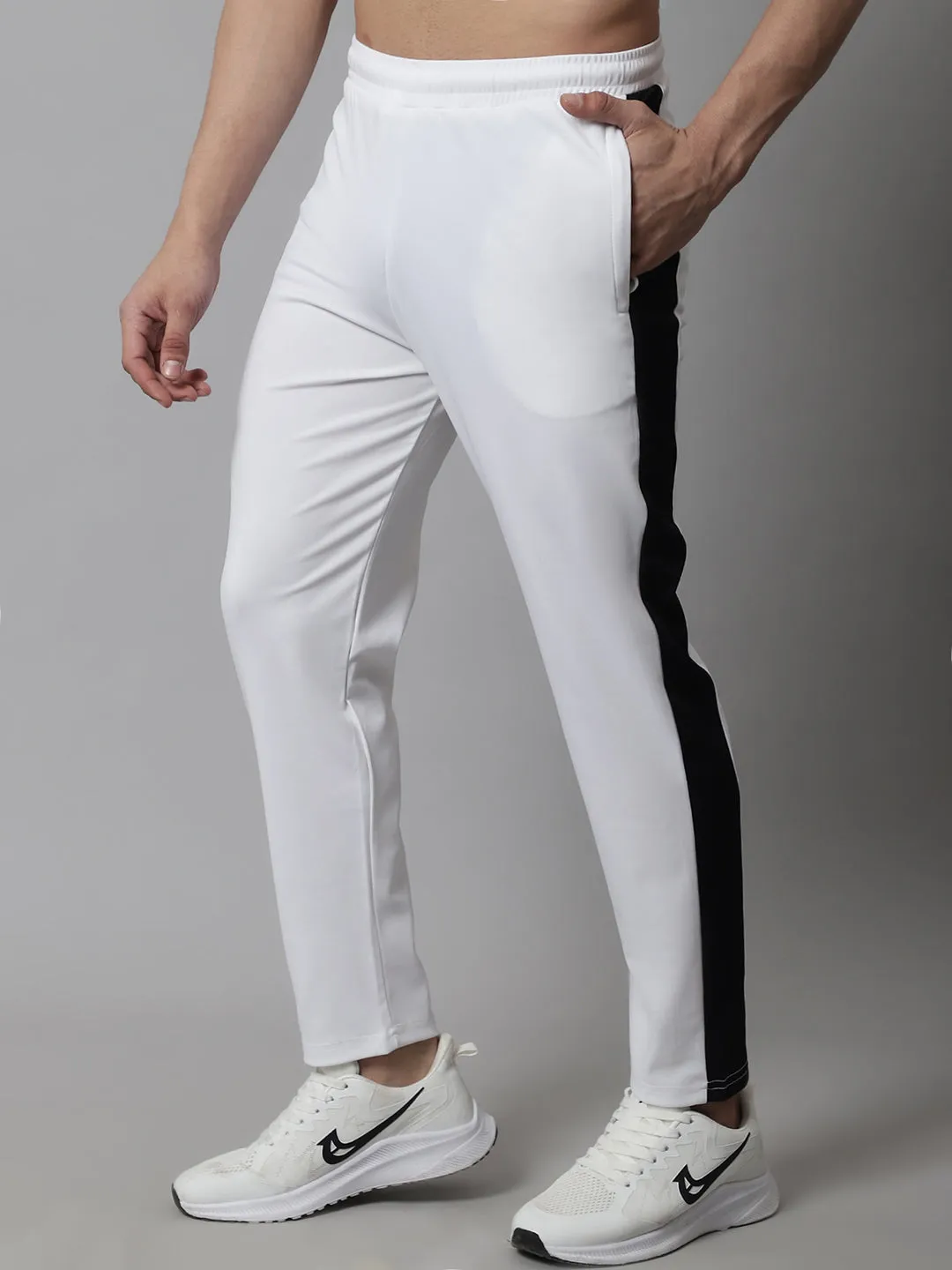 Men's White and Black Striped Streachable Lycra Trackpants