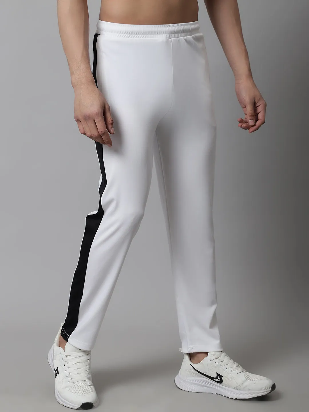 Men's White and Black Striped Streachable Lycra Trackpants