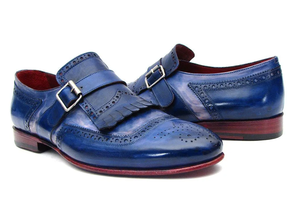 Paul Parkman Kiltie Monkstrap Shoes Dual Tone Blue Leather