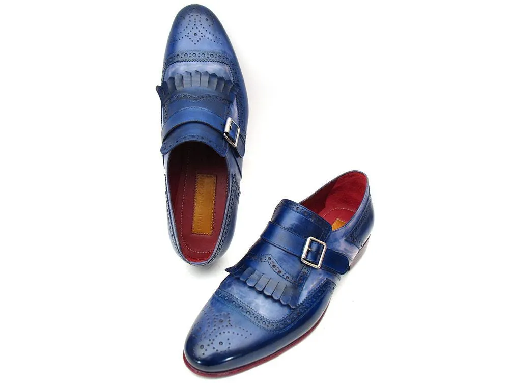 Paul Parkman Kiltie Monkstrap Shoes Dual Tone Blue Leather