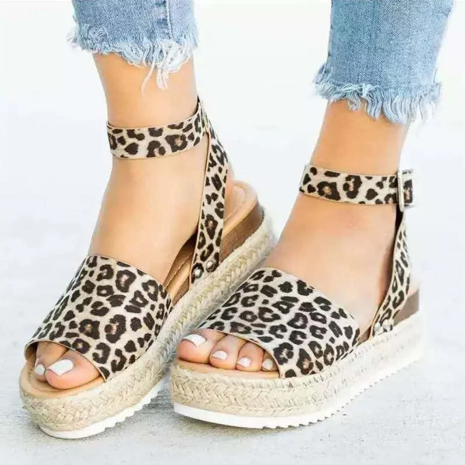 Platform Leopard Print Open Toe Backless Wedge Buckle Beach Sandals