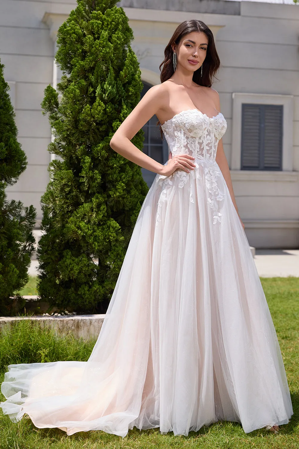 Princess White A Line Tulle Sweetheart Wedding Dress with Applique Lace