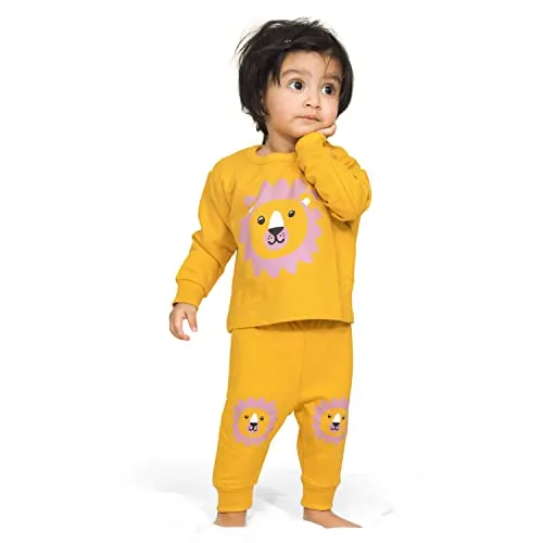 Real Basics Cotton Fleece Clothing Sets for Boys & girls - Unisex Winter Clothing sets Full Sleeve T-shirt & Pant -Size(18-24 Months) -Style(Mustard Lion)