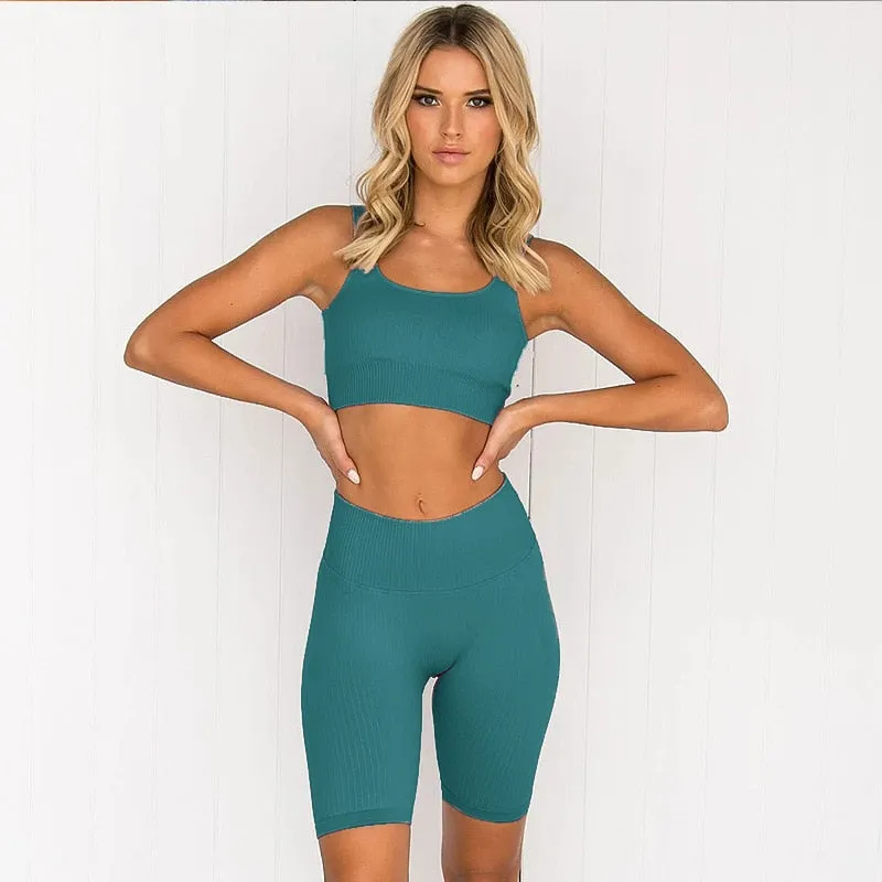 Seamless Yoga Sports Suits Running Fitness Gym Shorts High Waist Biker Shorts 2 Piece Workout Set