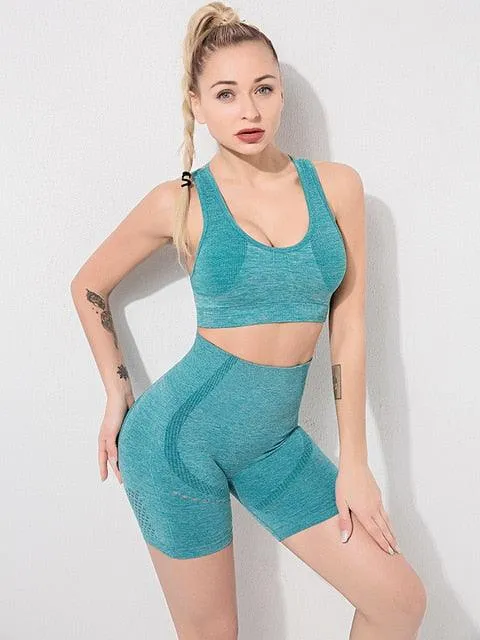 Sexy Women's Gym Shorts Yoga Set - Sports Bra   High Waist Shorts - Women Fitness Activewear Exercise Sets (D24)(BAP)(TBL)