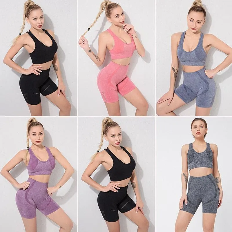 Sexy Women's Gym Shorts Yoga Set - Sports Bra   High Waist Shorts - Women Fitness Activewear Exercise Sets (D24)(BAP)(TBL)