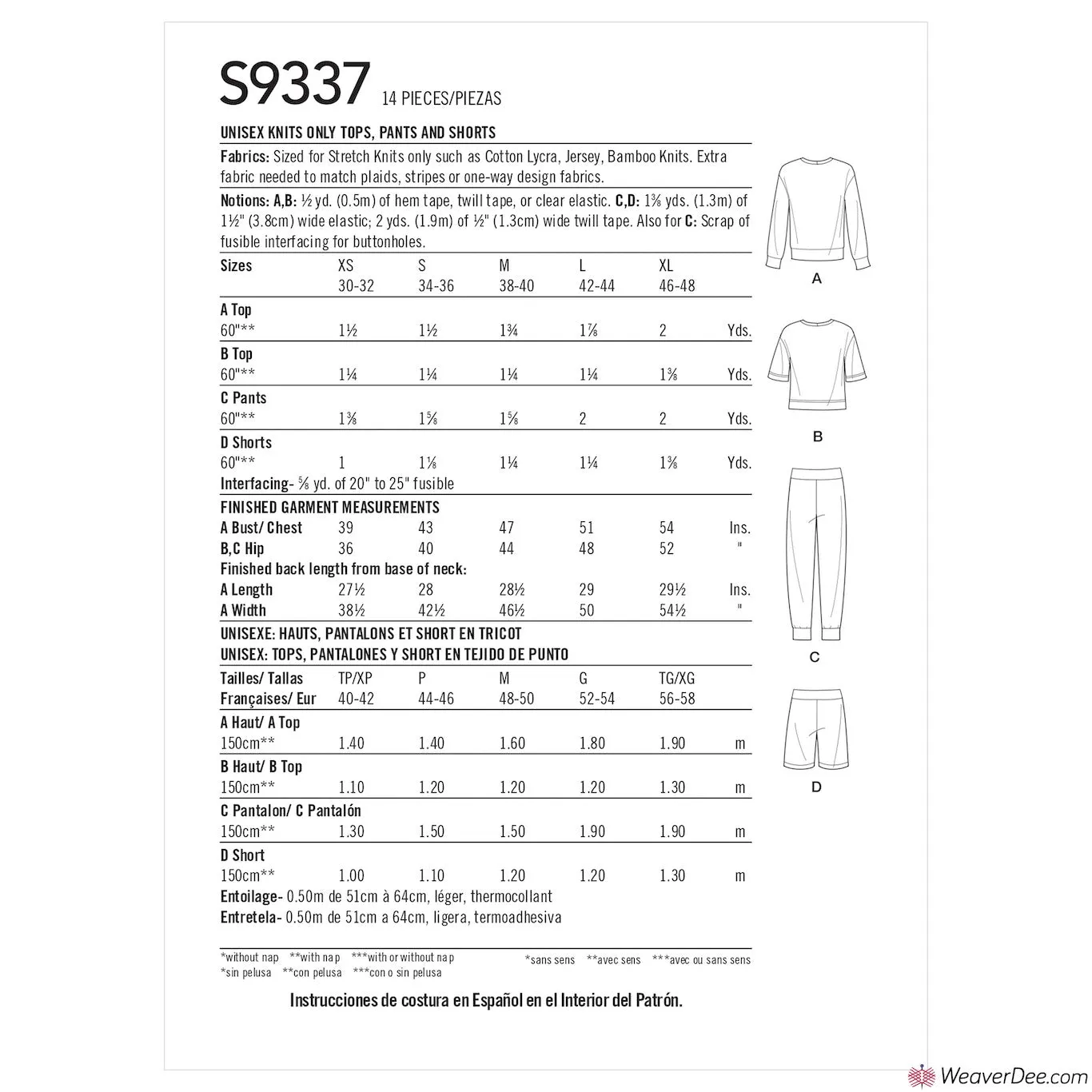 Simplicity Pattern S9337 Unisex Knits Only Tops, Pants & Shorts