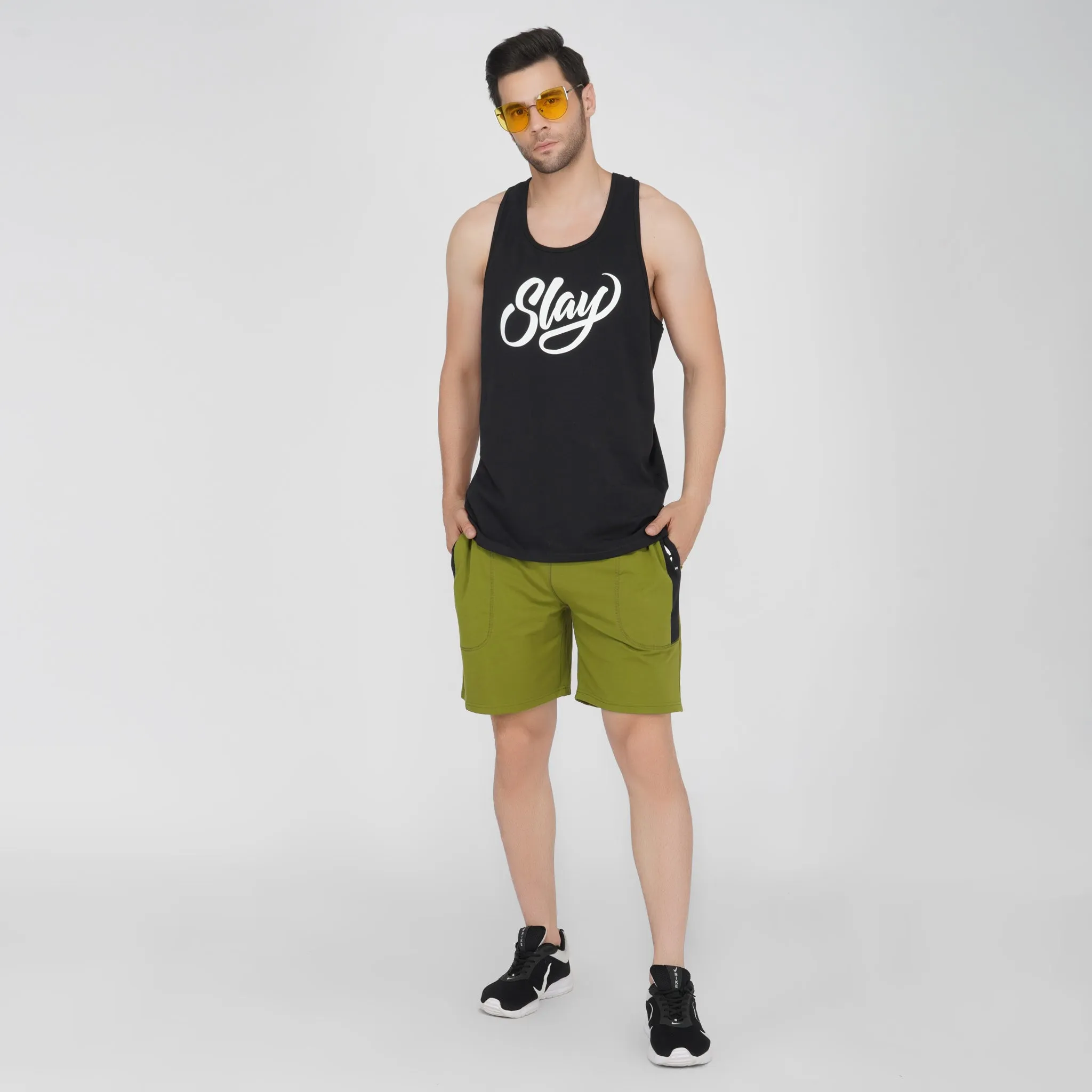 SLAY. Men's Olive Green Activewear Sports Shorts