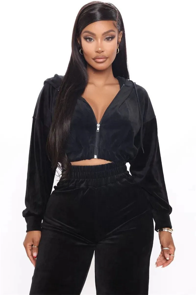 Soft Velvet 2Pcs Hooded Crop Tracksuits