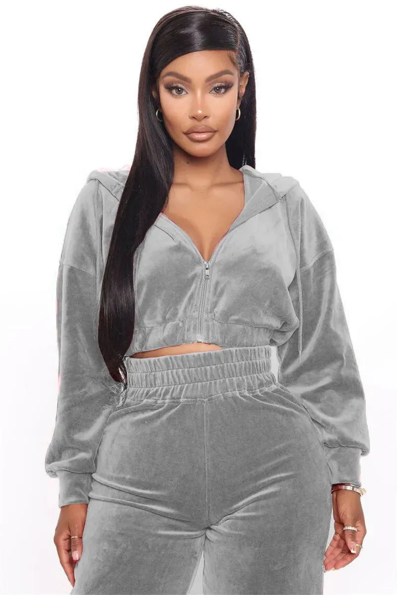 Soft Velvet 2Pcs Hooded Crop Tracksuits