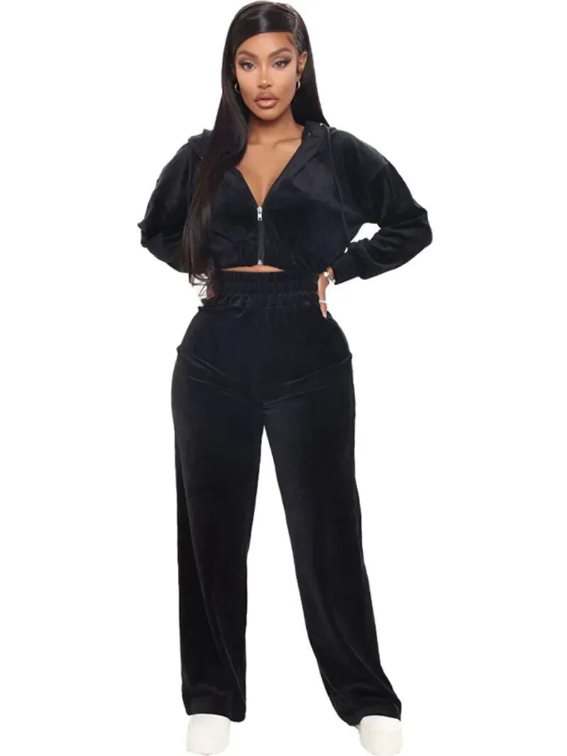 Soft Velvet 2Pcs Hooded Crop Tracksuits