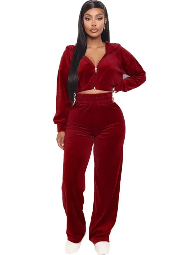 Soft Velvet 2Pcs Hooded Crop Tracksuits