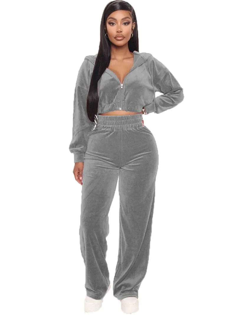 Soft Velvet 2Pcs Hooded Crop Tracksuits