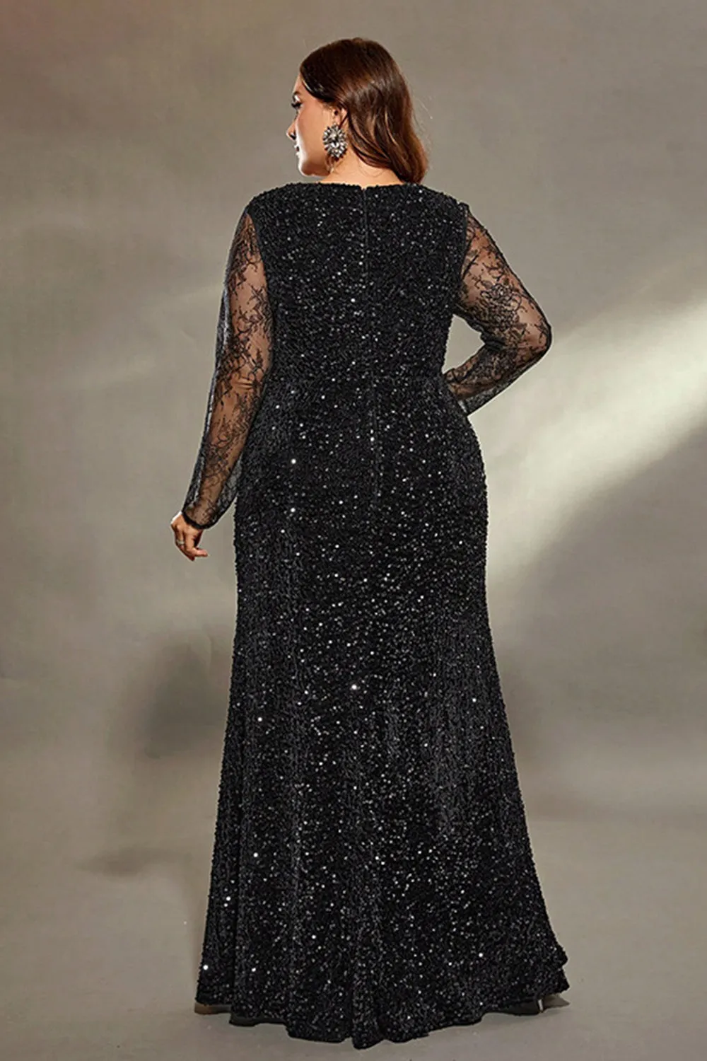 Sparkly Black Plus Size Lace Sleeves Maxi Dress with Slit