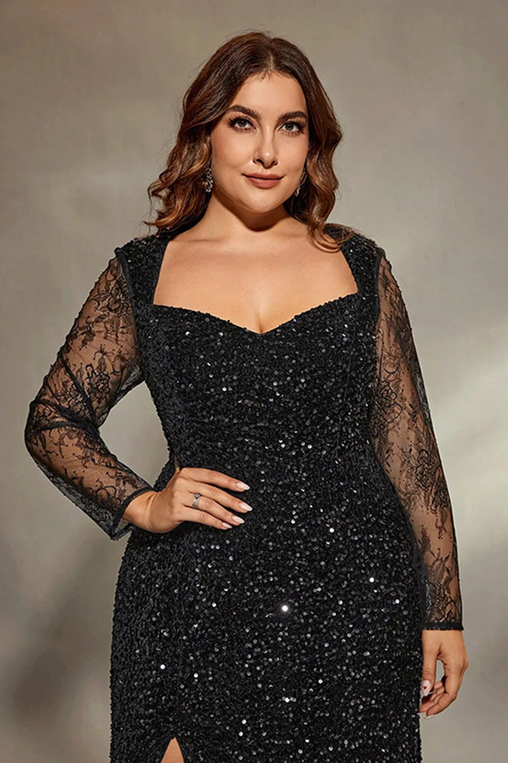 Sparkly Black Plus Size Lace Sleeves Maxi Dress with Slit