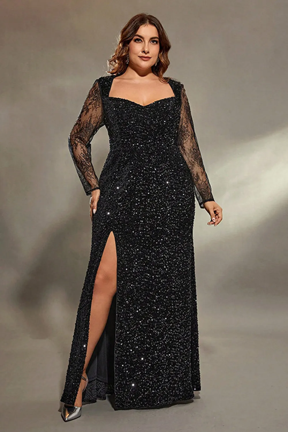 Sparkly Black Plus Size Lace Sleeves Maxi Dress with Slit