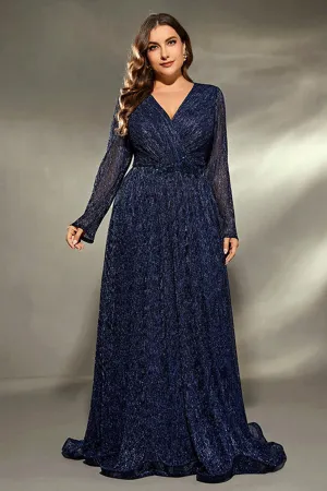 Sparkly Navy Plus Size V Neck Maxi Dress with Long Sleeves