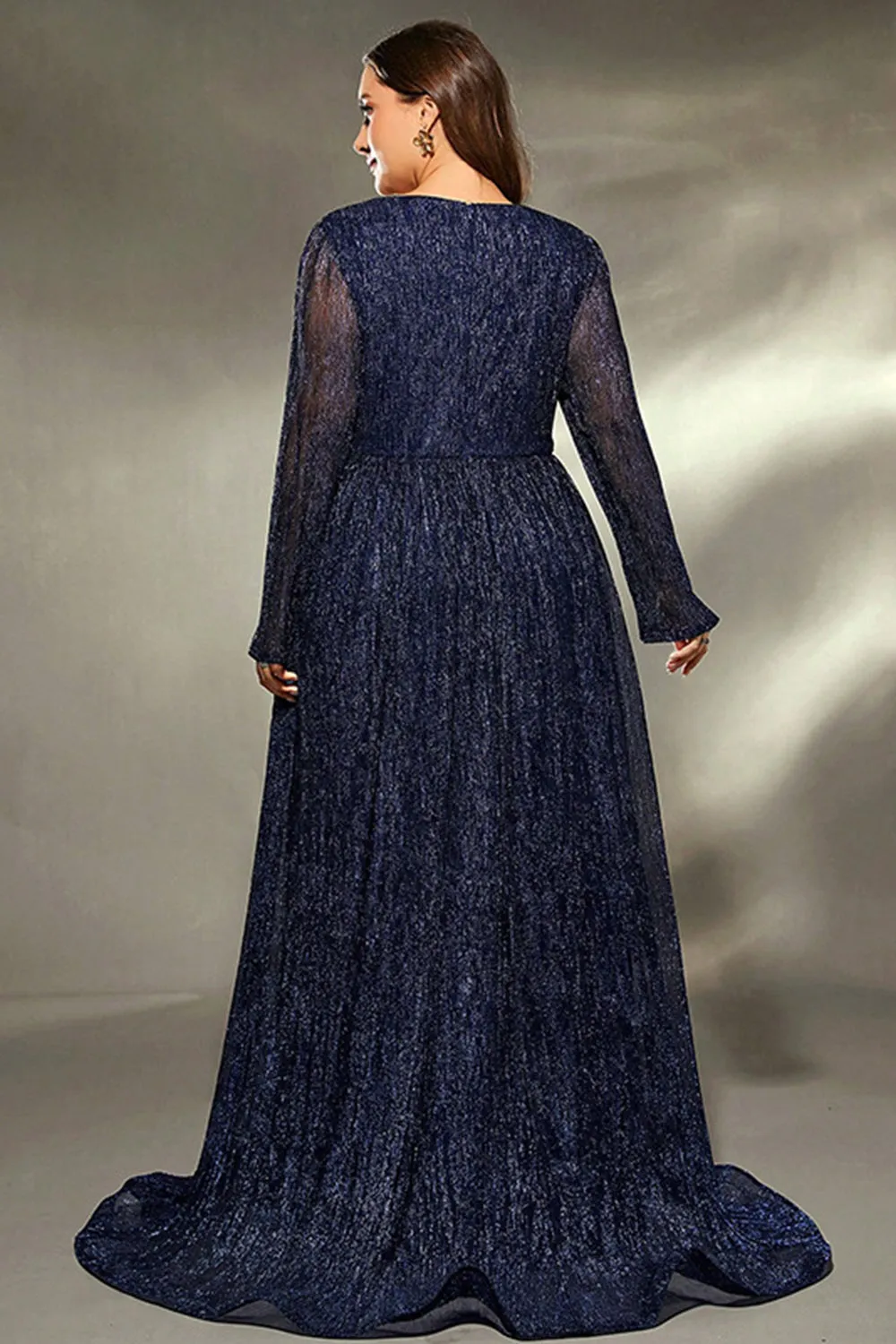 Sparkly Navy Plus Size V Neck Maxi Dress with Long Sleeves