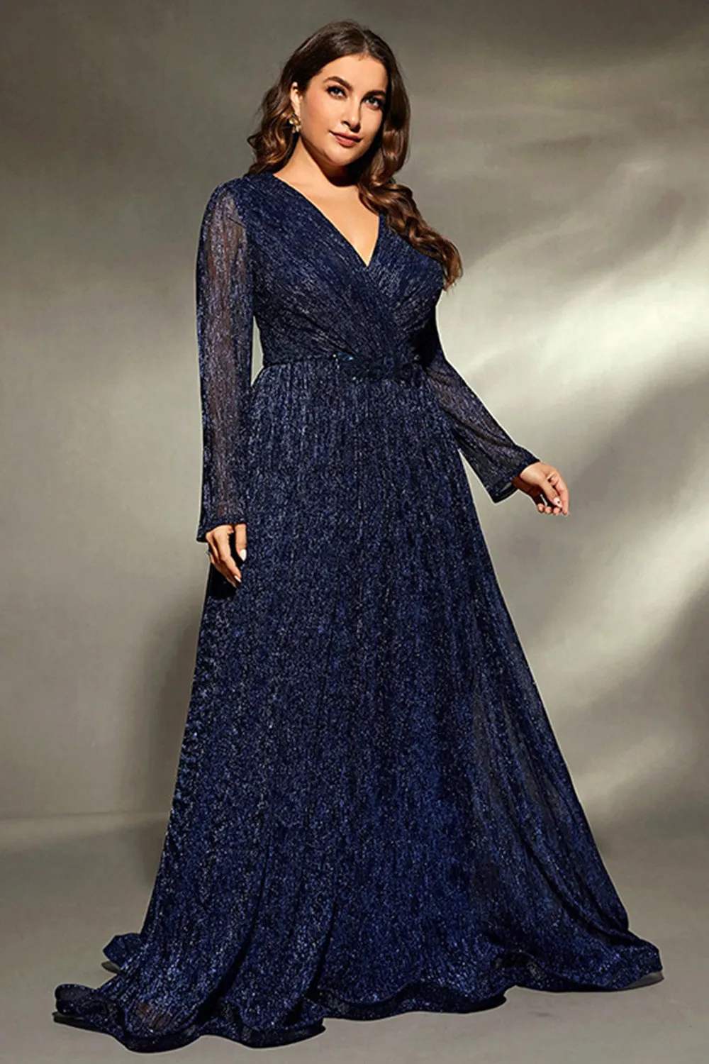 Sparkly Navy Plus Size V Neck Maxi Dress with Long Sleeves