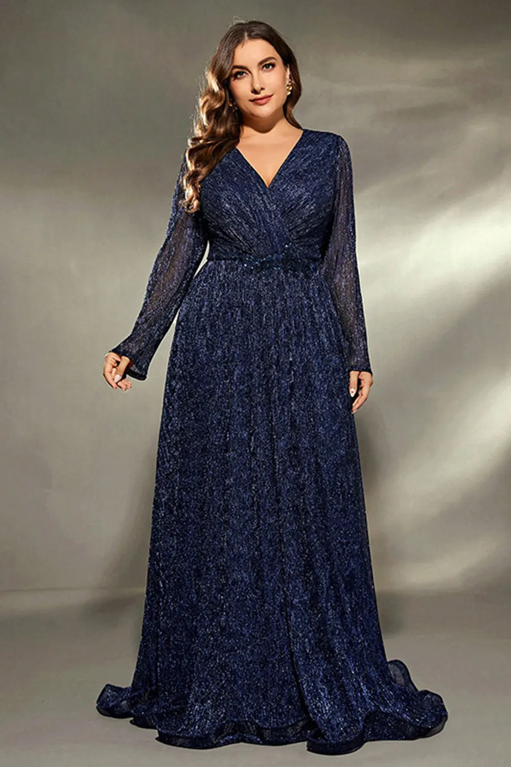 Sparkly Navy Plus Size V Neck Maxi Dress with Long Sleeves