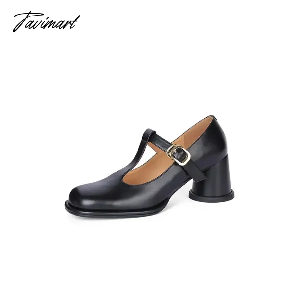 TAVIMART -  Spring Women Pumps Split Leather Shoes for Women Round Toe Chunky Heel Shoes Retro Round Heel Mary Janes Solid Black Shoes