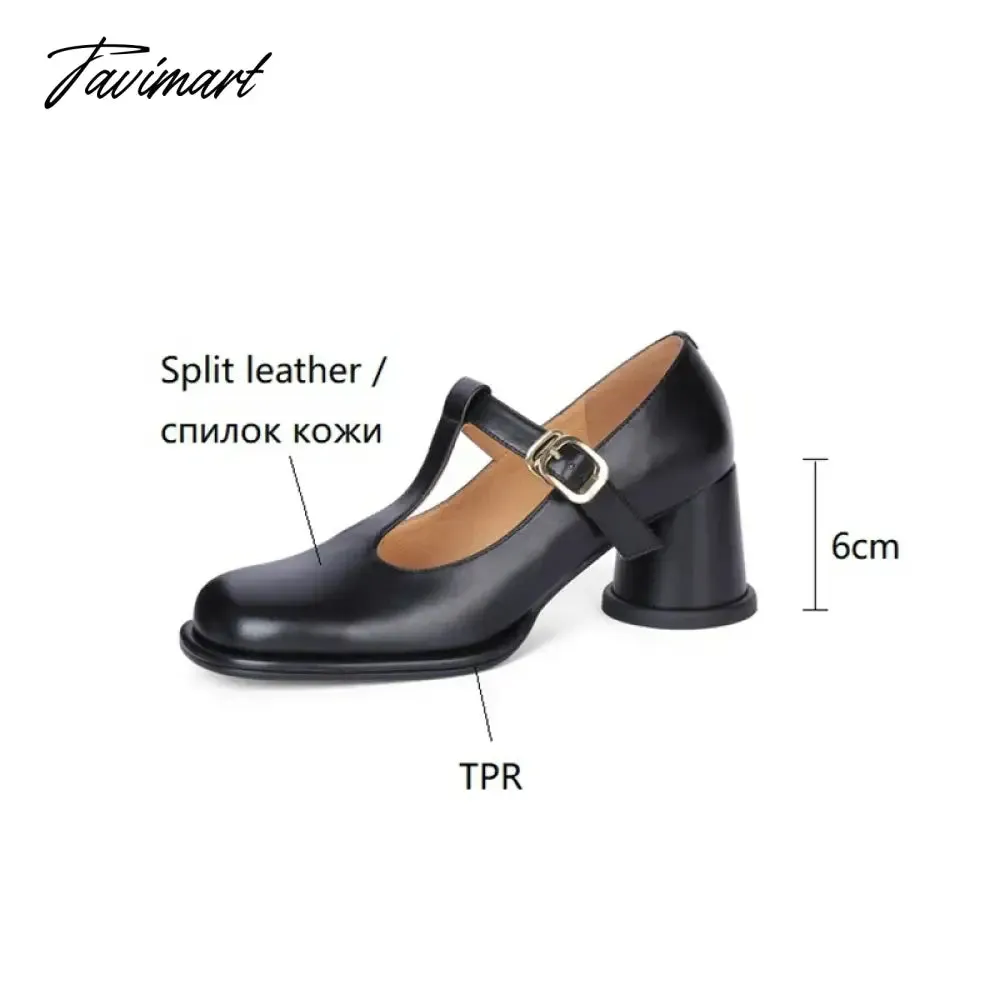 TAVIMART -  Spring Women Pumps Split Leather Shoes for Women Round Toe Chunky Heel Shoes Retro Round Heel Mary Janes Solid Black Shoes