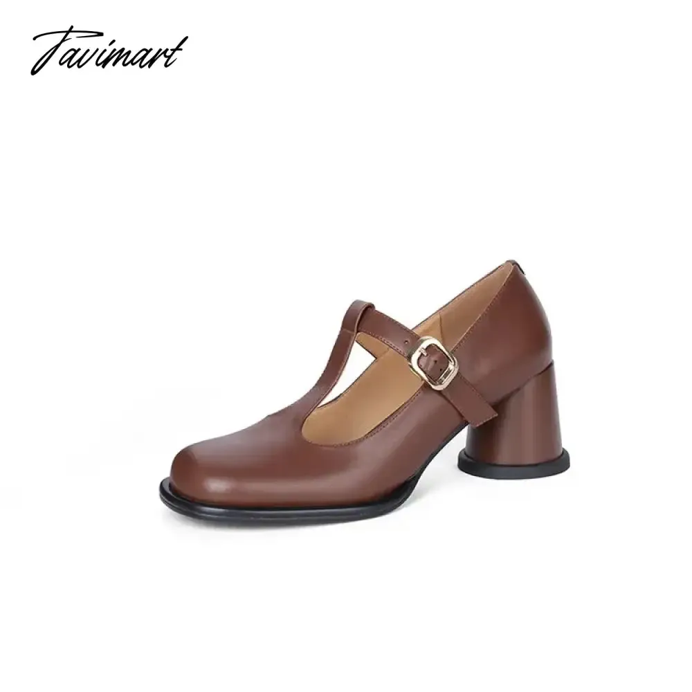 TAVIMART -  Spring Women Pumps Split Leather Shoes for Women Round Toe Chunky Heel Shoes Retro Round Heel Mary Janes Solid Black Shoes