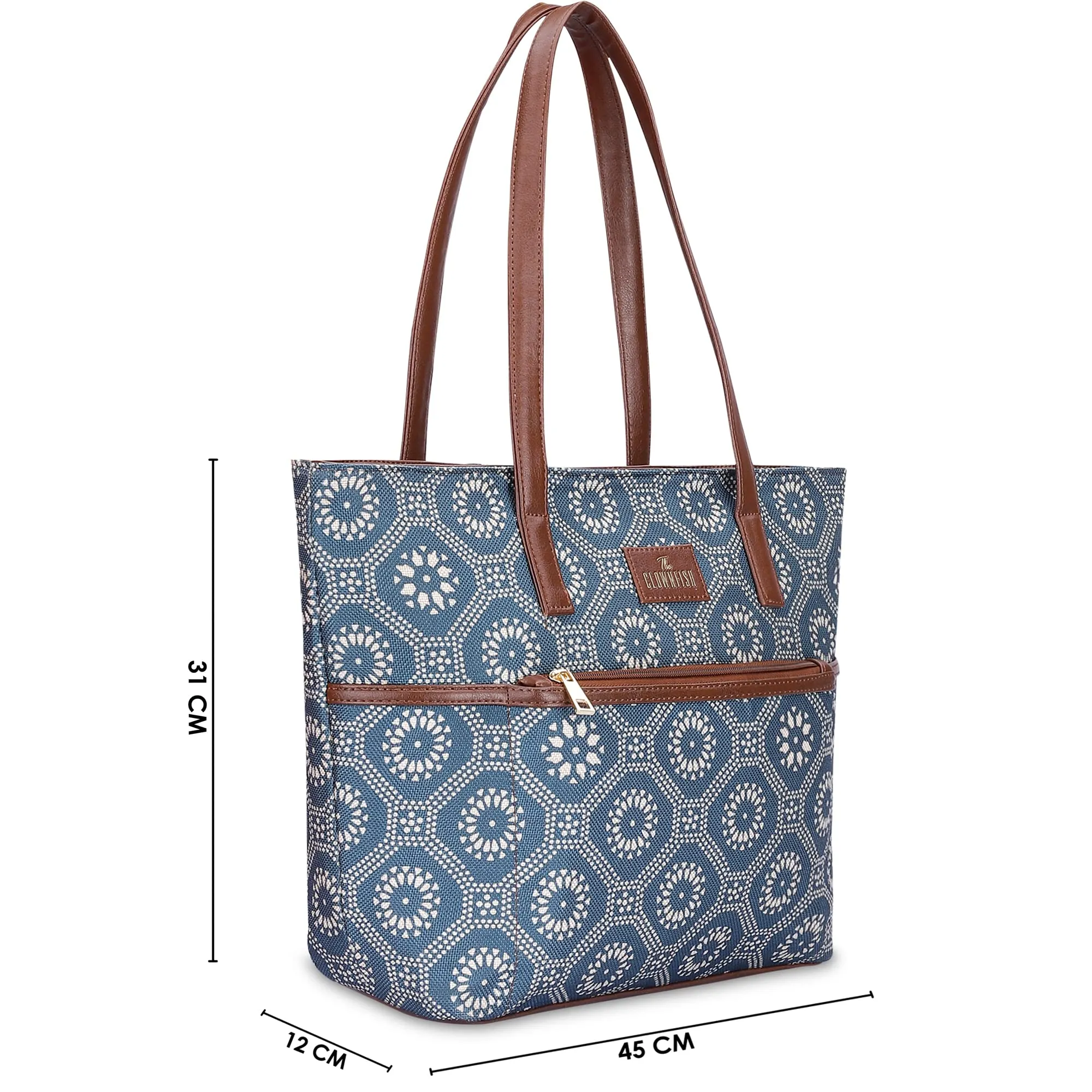 THE CLOWNFISH Concetta Printed Handicraft Fabric & Faux Leather Handbag for Women Office Bag Ladies Shoulder Bag Tote For Women College Girls (Cerulean Blue)