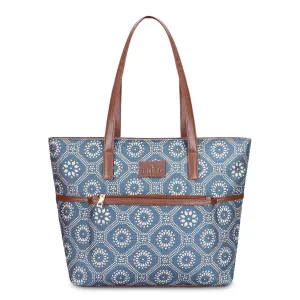 THE CLOWNFISH Concetta Printed Handicraft Fabric & Faux Leather Handbag for Women Office Bag Ladies Shoulder Bag Tote For Women College Girls (Cerulean Blue)