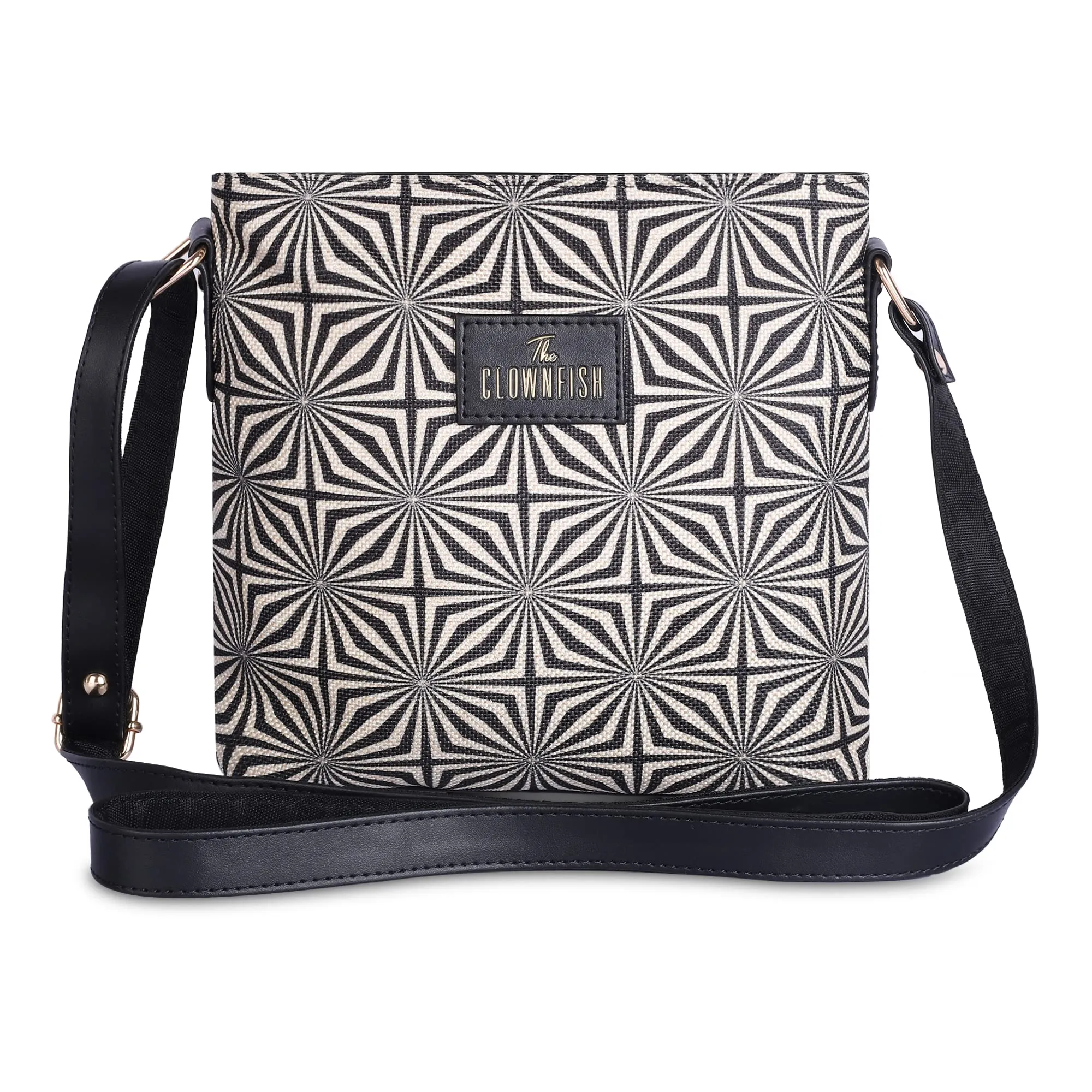 THE CLOWNFISH Patricia Series Sling for Women Faux Leather Casual Ladies Single Shoulder Bag For Women Crossbody Bag for College Girls (Black-Geometric Design)