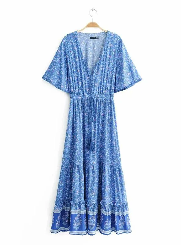 V-Neck Short Sleeve Ruffled Long Maxi Dress