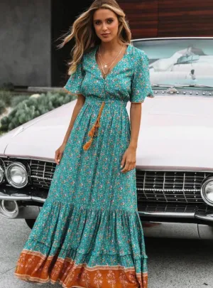 V-Neck Short Sleeve Ruffled Long Maxi Dress