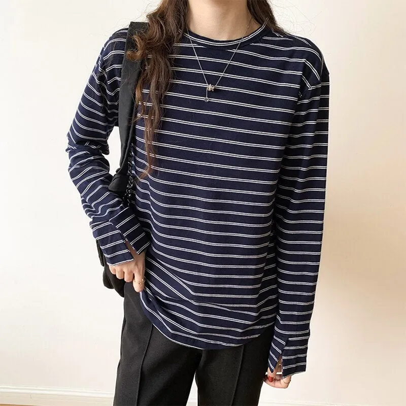 Wenkouban New Fashion Korean Women T Shirt Vintage Basic Striped Loose Casual Tops Female Long Sleeve O Neck Thin Cotton Spring Autumn Tee