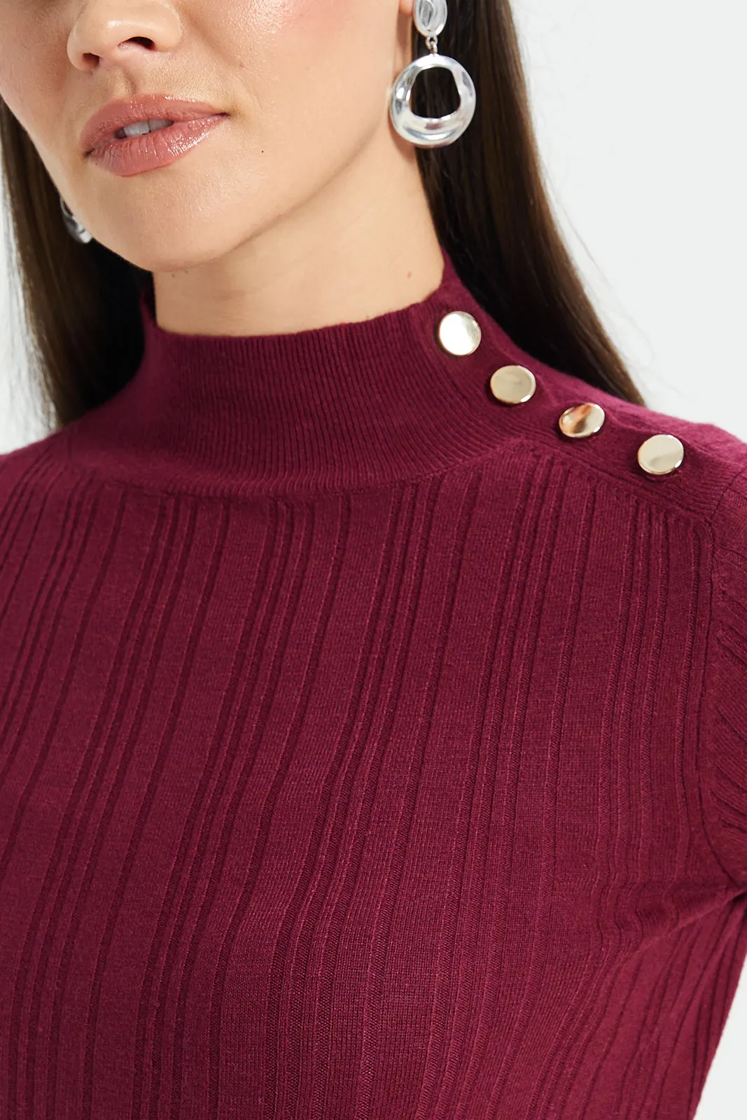 Women Burgundy Embellished Shoulder Button Top