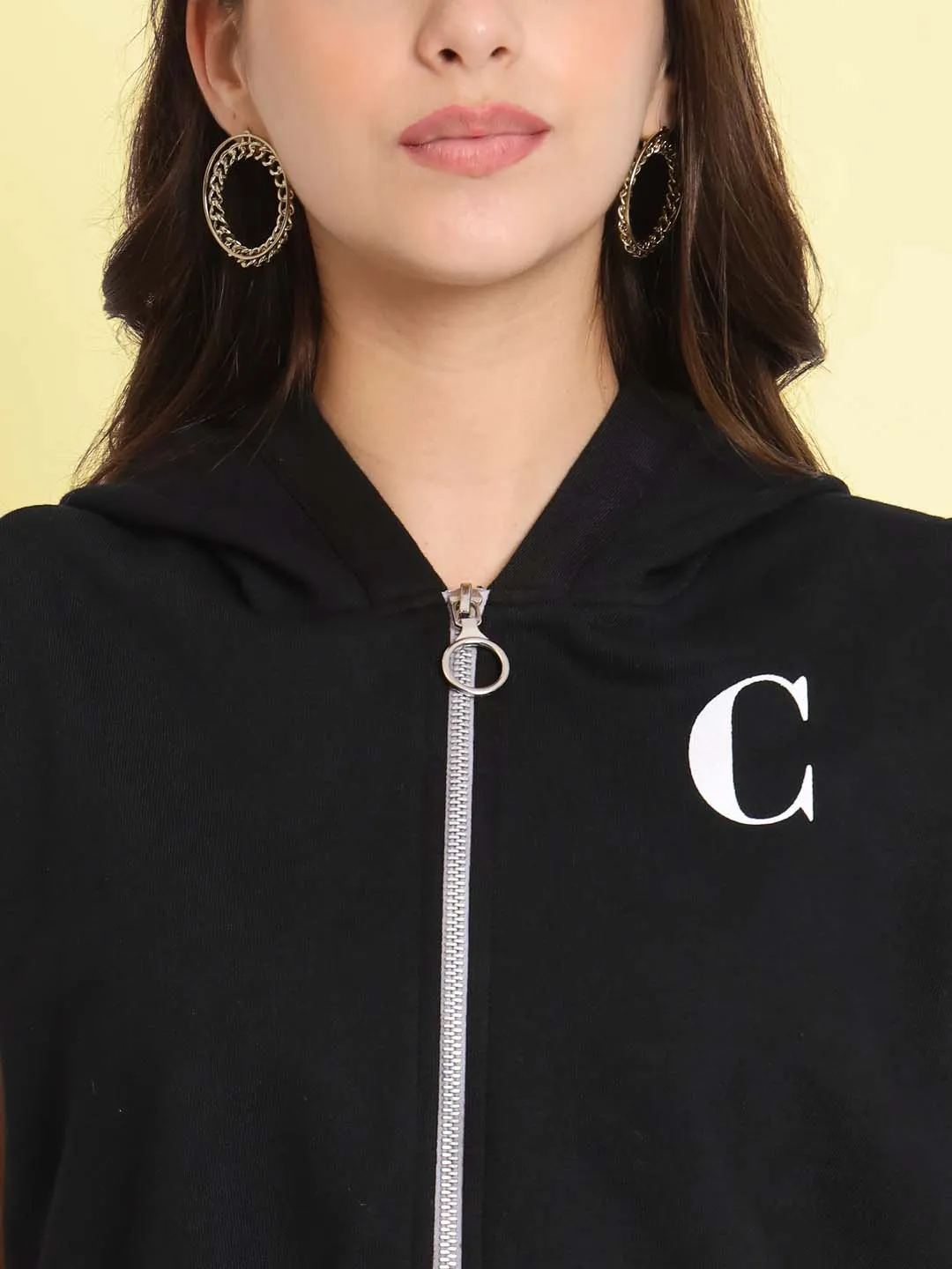 Women Hooded Cotton Crop Bomber Black Jacket