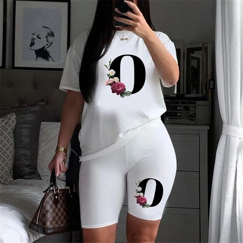 Women Letter Print Design Short Sleeve T Shirts and Shorts  Casual Joggers Set