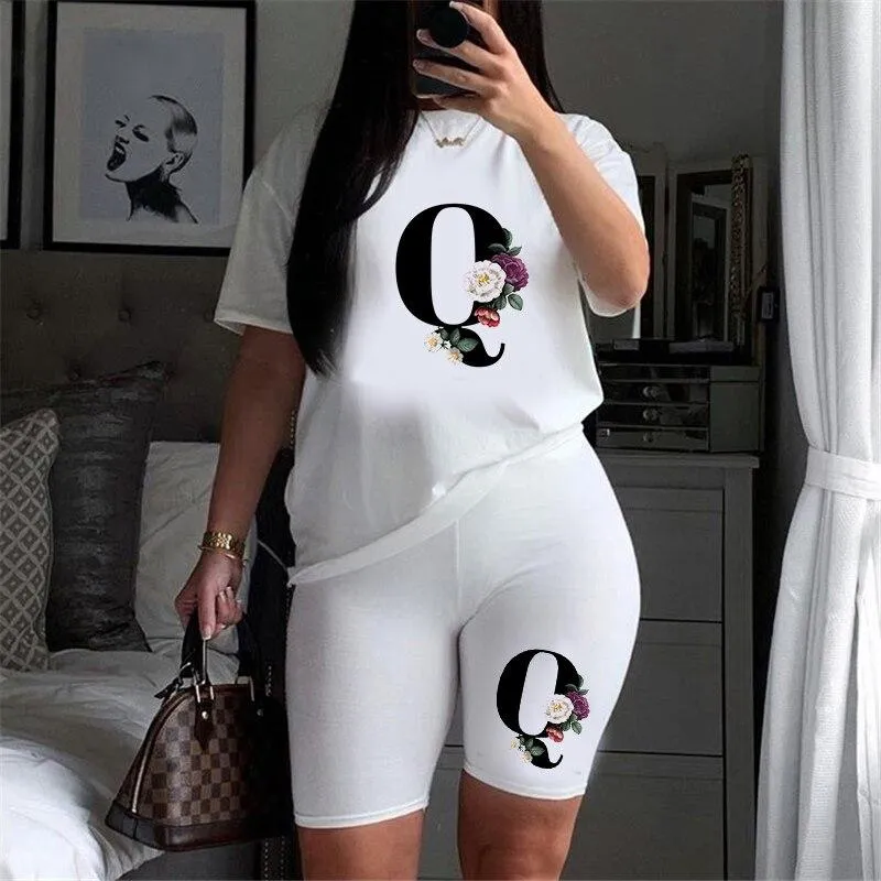 Women Letter Print Design Short Sleeve T Shirts and Shorts  Casual Joggers Set